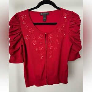 Cropped red embellished elbow sleeve sweater